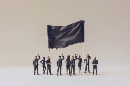 A group of miniature figurines hold a black flag, ideal for use in historical or fantasy settings