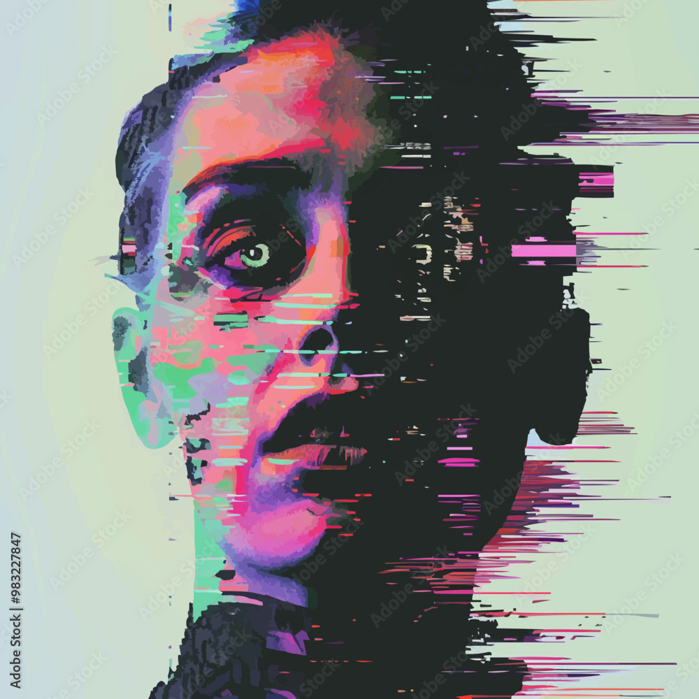 Poster digital glitch portrait with pixelated effects and distorted features, flat portrait, vector illustr