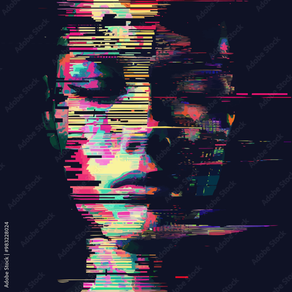 Poster digital glitch portrait with pixelated effects and distorted features, flat portrait, vector illustr