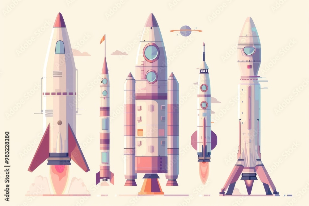 Poster a collection of rockets in various sizes against a clean white background