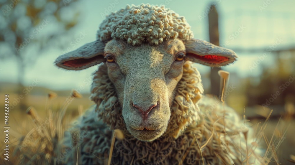 Poster a close-up shot of a sheep grazing in a green field