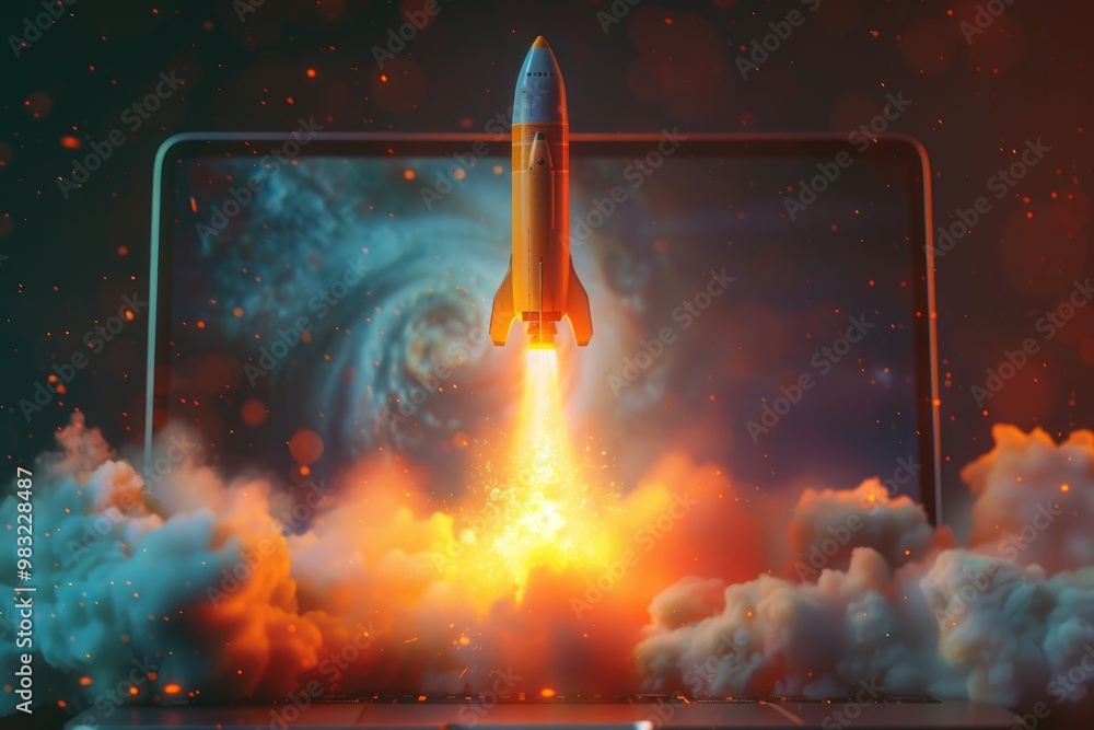 Poster A futuristic scene of a rocket taking off with a laptop computer in the foreground