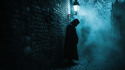 Dark Alley with Hooded Figure and Fog