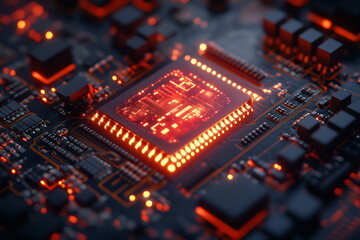 Fototapeta premium integrated microchip technology abstract, Electronic circuit board close up.