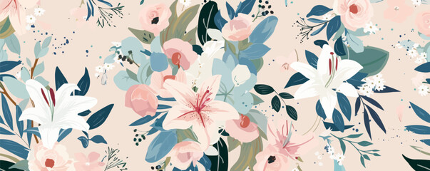 Elegant floral bouquets with roses, lilies, and greenery in pastel hues, flat, vector illustration, seamless pattern background design.