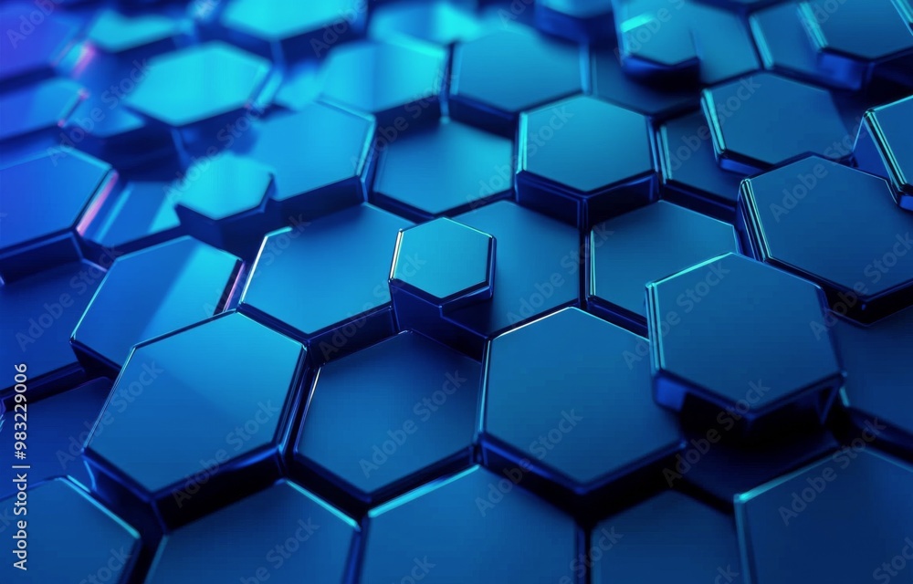 Poster blue hexagonal pattern with glossy surfaces creating a modern design aesthetic at night