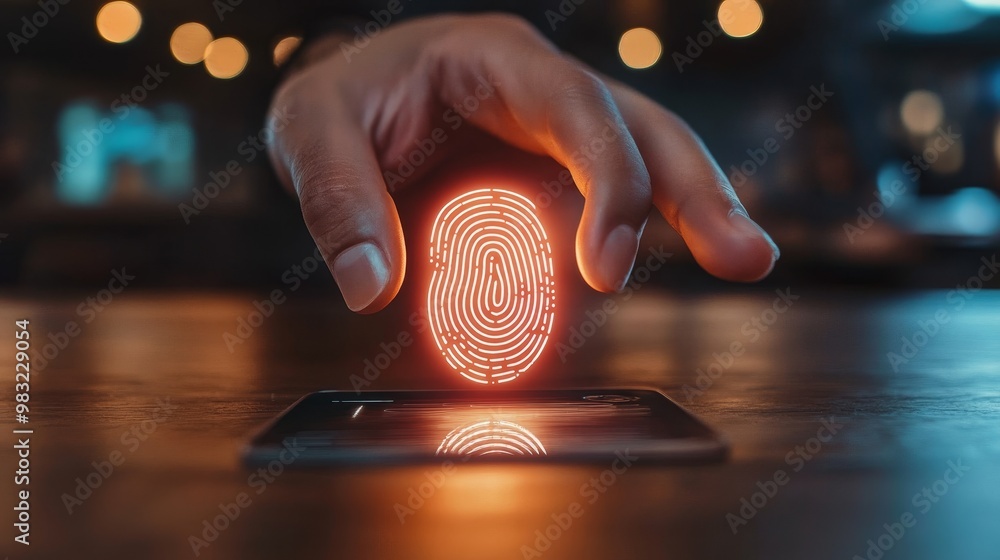 Poster futuristic fingerprint identity scan for smartphone security or biometric access in network