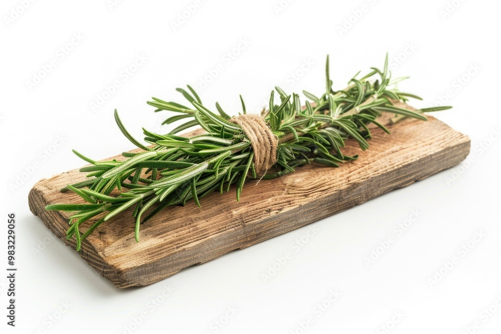 Poster Fresh rosemary sprig placed on a wooden cutting board, ready for use in cooking or as a garnish