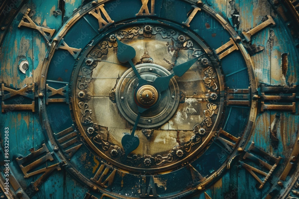 Poster a close-up shot of a clock face featuring roman numerals, perfect for designs related to time, histo