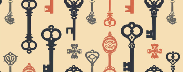 Elegant vintage keys and locks with ornate designs on a soft background, flat, vector illustration, seamless pattern background design.