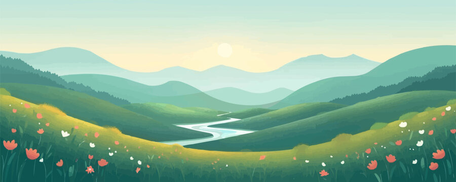A serene countryside landscape with rolling hills and a winding river. Vector flat minimalistic isolated illustration.