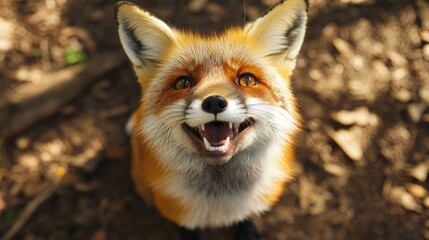 A Red Fox Smiles Up at the Camera in a Forest Setting