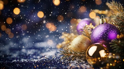 Elegant Christmas tree adorned with golden and purple ornaments, sparkling under falling snowflakes
