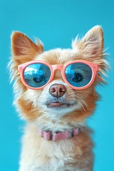 Adorable white dog with fluffy coat sitting on orange chair against yellow background