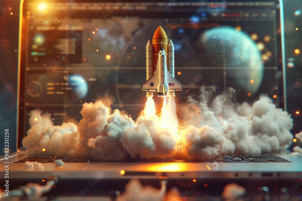 Poster a person working on their laptop as a rocket takes off in the background, showing a mix of technolog