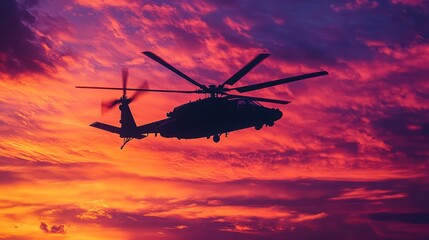 Obraz premium Helicopter Silhouette Against Vibrant Sunset Sky