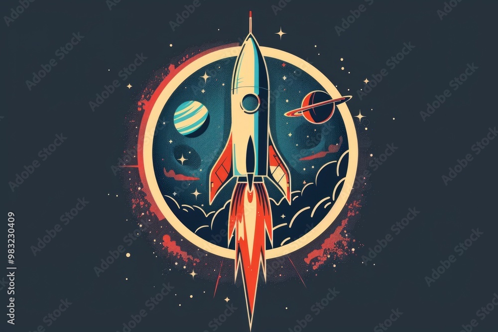 Poster a space shuttle soaring through the sky with a distant planet in view, perfect for use as a futurist