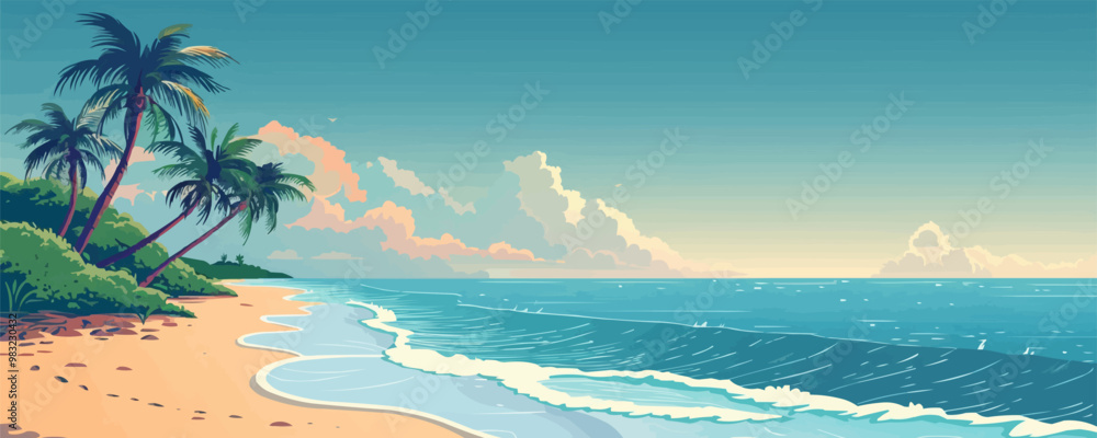 Poster a serene beach with palm trees swaying in the ocean breeze. vector flat minimalistic isolated illust