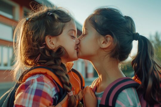 Two young girls embracing and exchanging affection