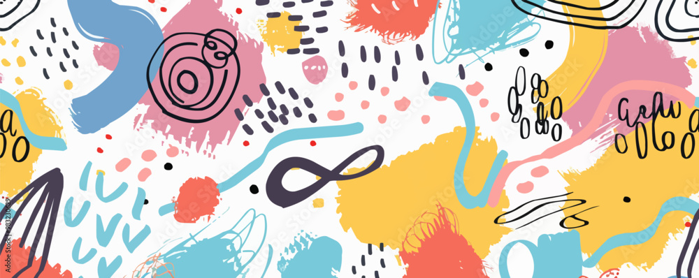 Poster abstract hand-drawn squiggles and shapes seamless pattern background, playful and artistic doodles, 