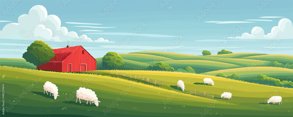 Poster a serene countryside farm with rolling fields and grazing sheep. vector flat minimalistic isolated i