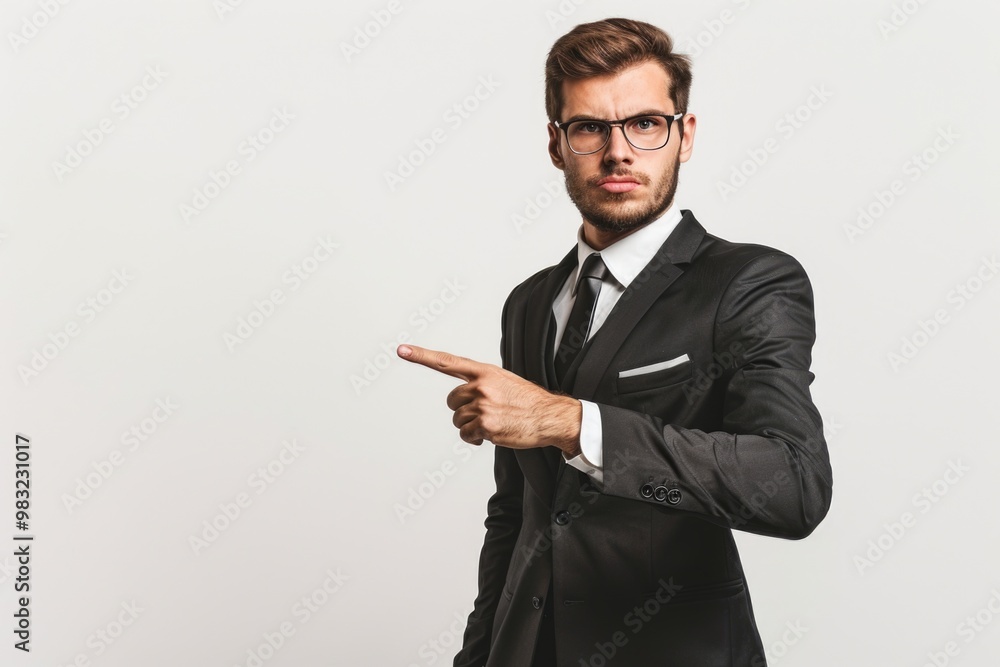 Poster a man in a suit gesturing towards something with his finger, suitable for use in presentations or il