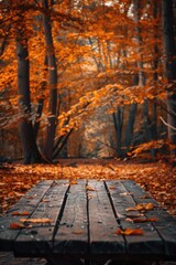 A simple wooden bench sits amidst the serene atmosphere of a forest, perfect for contemplation or relaxation
