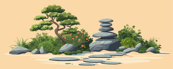 Peaceful zen garden with raked sand Vector flat minimalistic isolated illustration