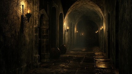 Obraz premium Into the Abyss - 3D Visualization of a Haunting Corridor with Flickering Torches and Eerie Shadows
