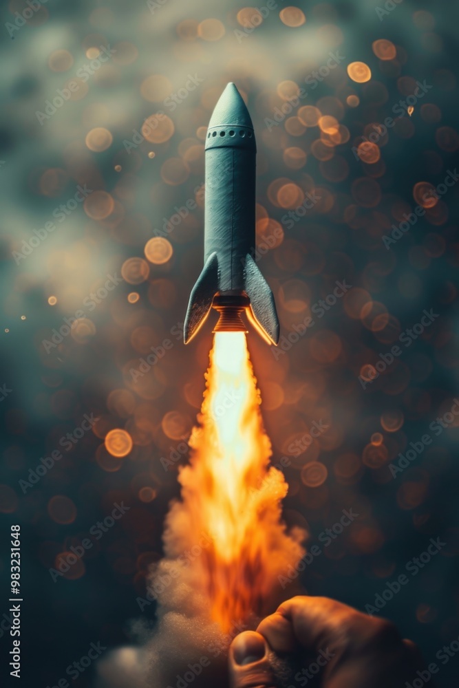 Poster a person holds a tiny rocket in mid-air, ready for launch