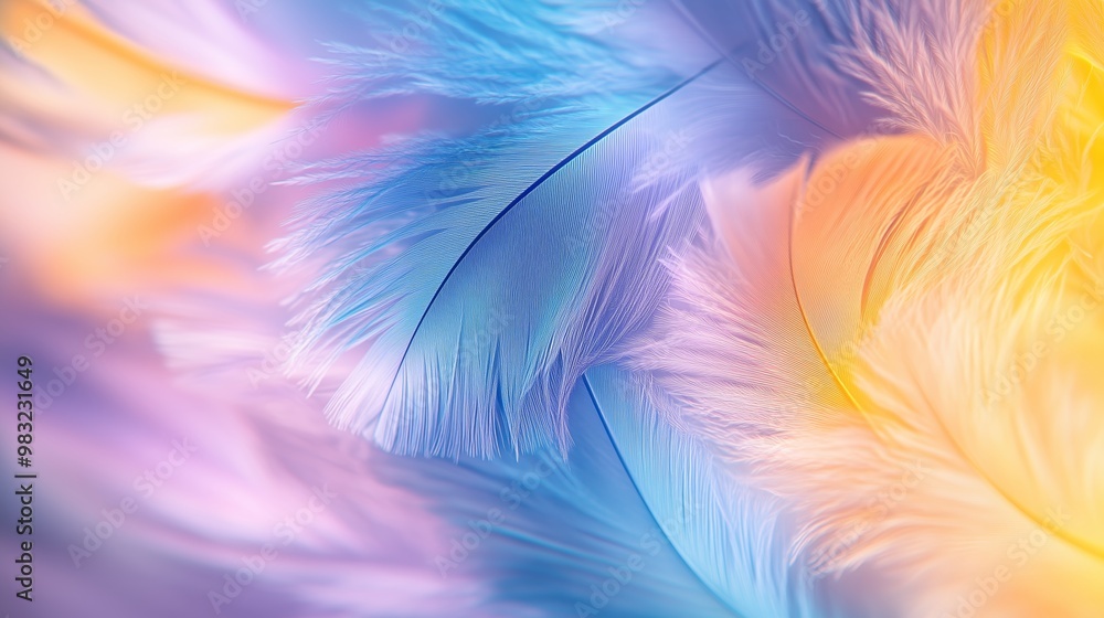 Poster vibrant abstract feather patterns in soft pastel colors creating a serene and colorful visual experi
