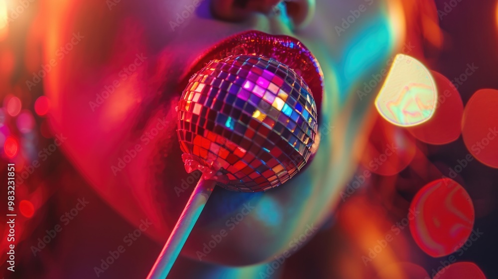 Poster a person holds a shiny disco ball on a stick, ready to add some sparkle to the party