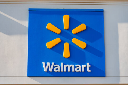 Chicago, USA - August 17, 2024: Walmart logo sign on the store. Walmart discount retailer. Exterior view of Walmart store logo sign.