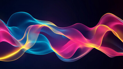 Bright and wavy lines in shades of pink, blue, and yellow flowing across a dark background, creating an abstract, energetic feel.