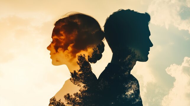 Artistic double exposure of man and woman silhouettes merged with nature, symbolizing inner thoughts and emotions.
