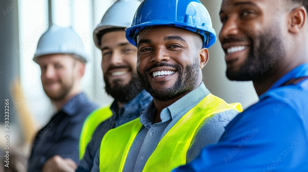 Poster a group of construction workers are smiling and posing for a photo