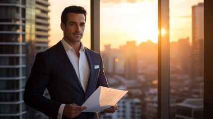 Fototapeta premium Professional Man with Documents Against City Skyline at Sunset