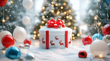 A snowy white podium surrounded by colorful Christmas balloons, a large festive gift box with reindeer designs, and a Christmas tree glowing in the background.