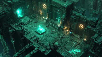 Naklejka premium Enigmatic 3D Dungeon of Dark Magic: Intricate Chambers and Tension-Filled Atmosphere