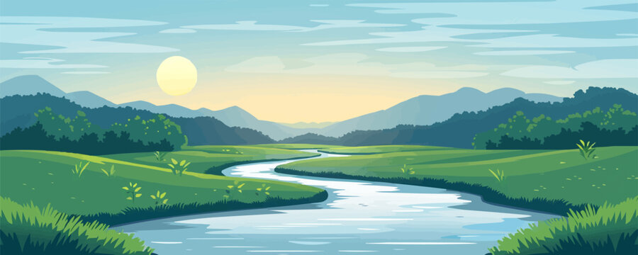 Tranquil river winding through a serene countryside. Vector flat minimalistic isolated illustration.