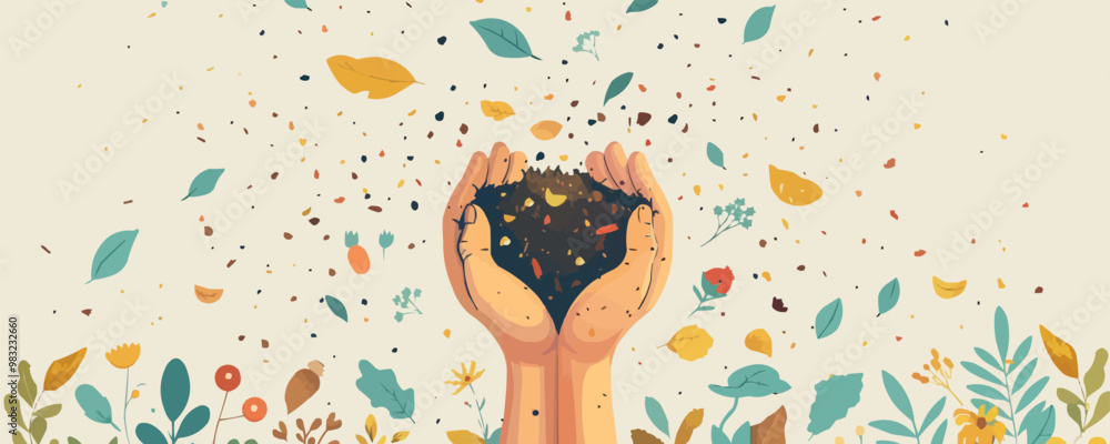 Poster hands squeezing soil and garbage for recycling. vector flat minimalistic isolated illustration.