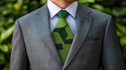 Close-up of Businessman in Suit and Tie with Recycle Symbol Pattern, Promoting Sustainability