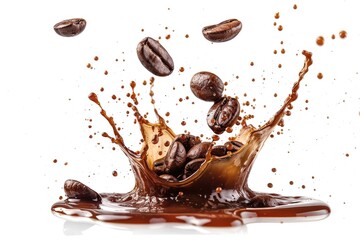 A close-up view of coffee beans scattered on a white background