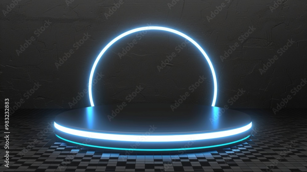 Poster checkered floor with a blue light on it, ideal for use in modern or futuristic scenes