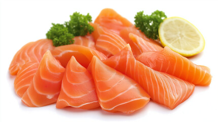 smoked salmon fillet with dill and lemon isolated on white background