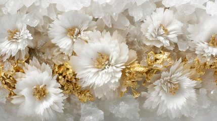 Elegant marble ink background with gold and white floral patterns in a calm setting