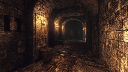 Mysterious Dungeon with Ominous Artifacts in Dark Alcoves - 3D Render of Eerie and Dangerous Atmosphere