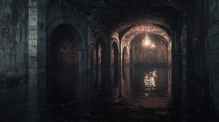 Obraz premium Abyssal Depths: Surreal 3D Visualization of Eerie Dungeon with Dark Water, Reflections, and Echoes