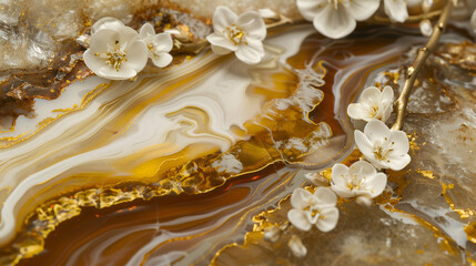 Elegant marble ink background with delicate white flowers and golden accents in soft lighting