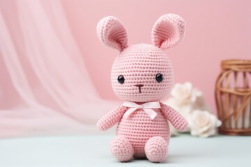 Pink Crochet Amigurumi Bunny on Pastel Background
